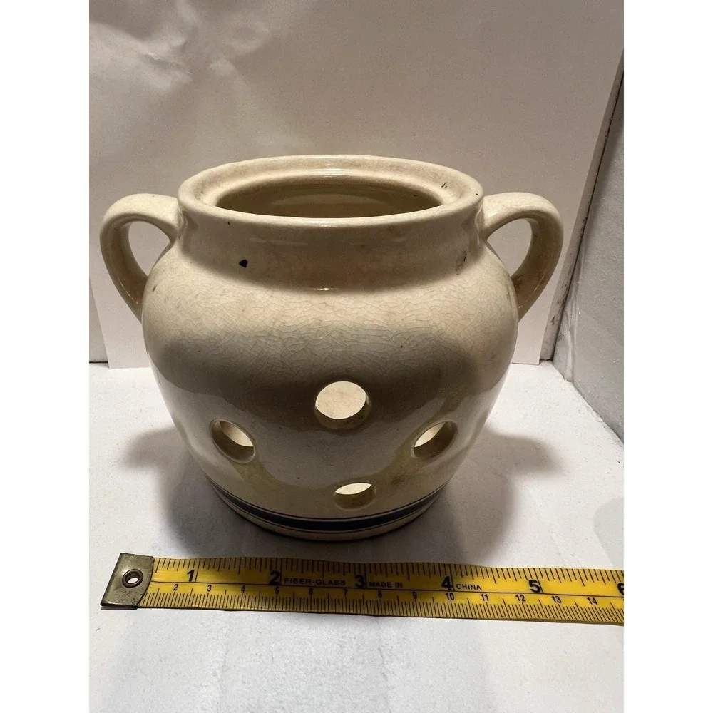 Vintage Lillian Vernon Garlic Keeper Crock Beige with Blue and Burgundy Stripes